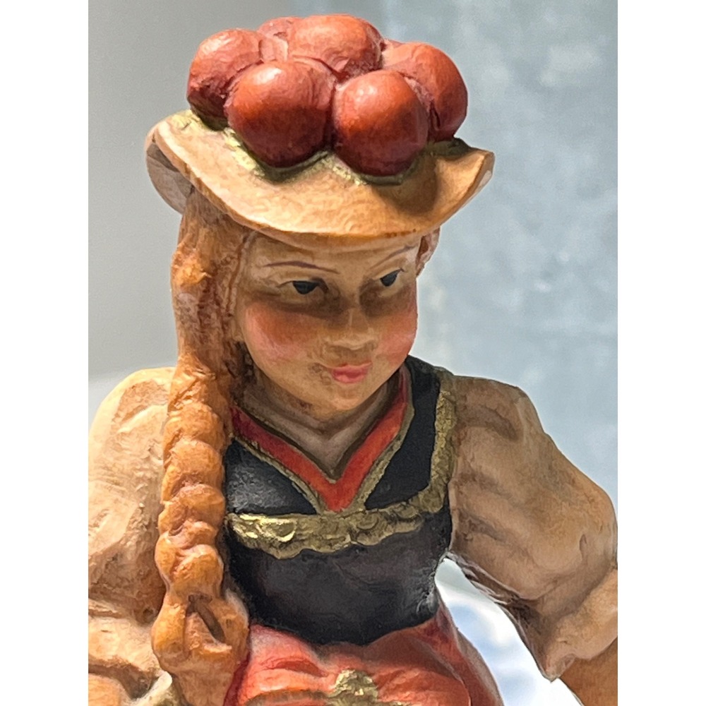 Vintage Hand Carved Wooden Alpine Girl Figurine, West Germany Seal, 50s Folk Art - Picture 2 of 10